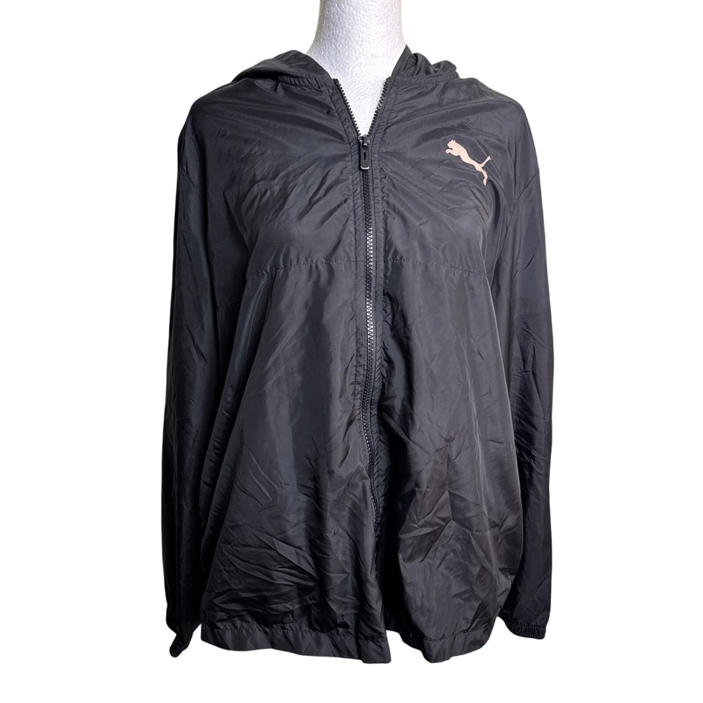 Puma Women's Medium Windbreaker Jacket Black Rose Gold‎ Hooded Full Zip